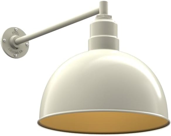 Steel Lighting Co. Hollywood Bowl Light | Outdoor Wall Mounted | 15 inch Bowl Dome | 20" Straight Arm | Barn Light Made in America | Cream Exterior/Brass Interior