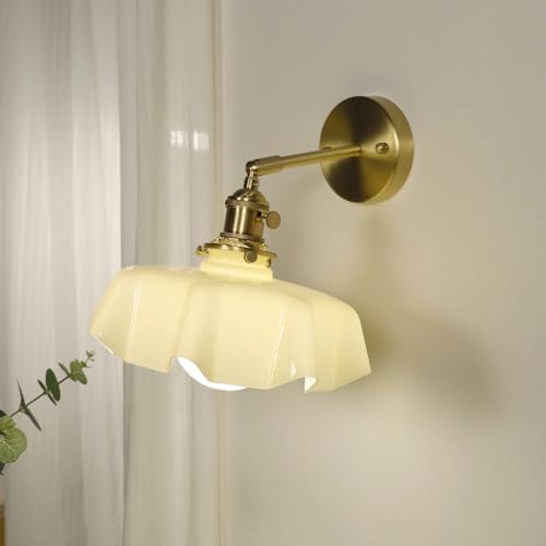 Vintage Milk Glass Wall Sconce Light, Mid Century Floral Design, Hardwired Gold Wall Lamp for Bedroom, Hallway, Living Room, Farmhouse Decor, Straight Arm Fixture