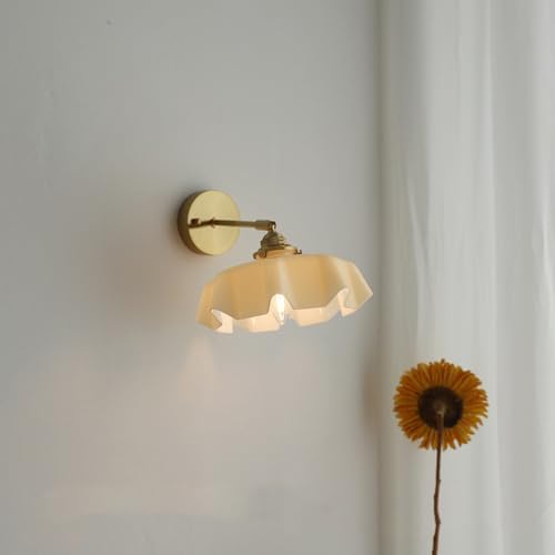 Vintage Milk Glass Wall Sconce - Mid Century Flower Design, Hardwired Gold Lighting - Elegant Wall Lamp for Bedroom, Hallway, Living Room, Farmhouse Decor