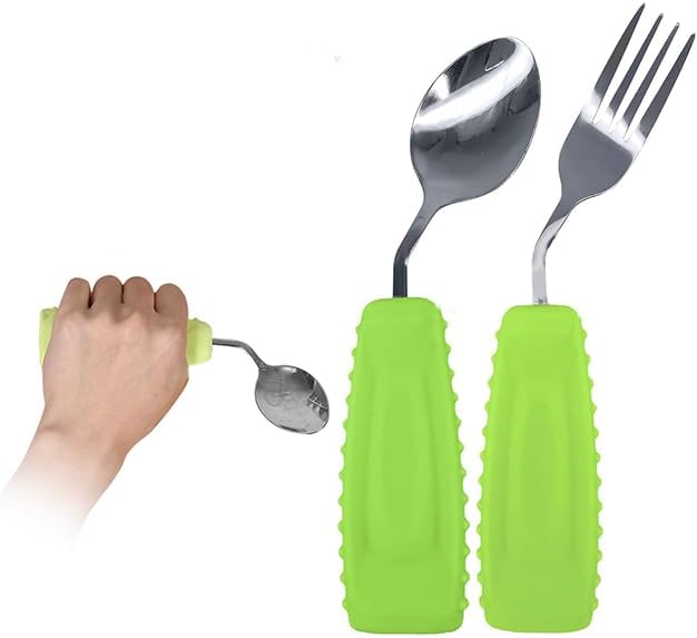 Adaptive Utensils Angled Spoon and Fork for Hand Tremors Parkinsons,Weighted Utensils with Non-Slip Easy Grip Handles for Independent Eating (1pcs Spoon+1pcs Fork=2 pcs,Green,Left Hand)