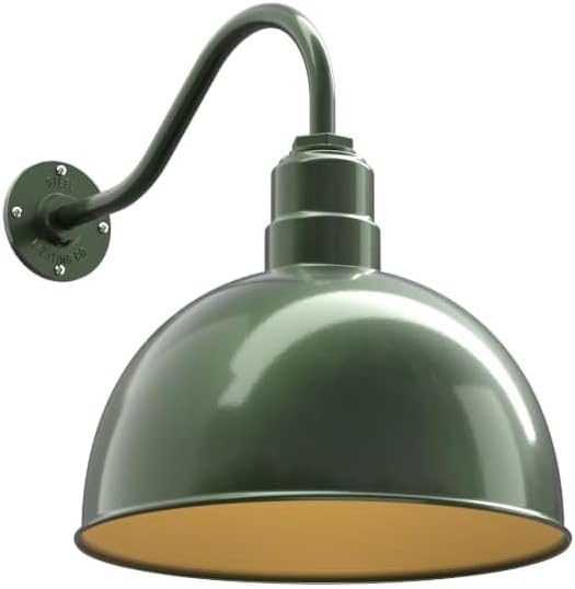 Steel Lighting Co. Hollywood Bowl Light | Outdoor Wall Mounted | 15 inch Bowl Dome | 16" Gooseneck | Barn Light Made in America | Hunter Green Exterior/Brass Interior