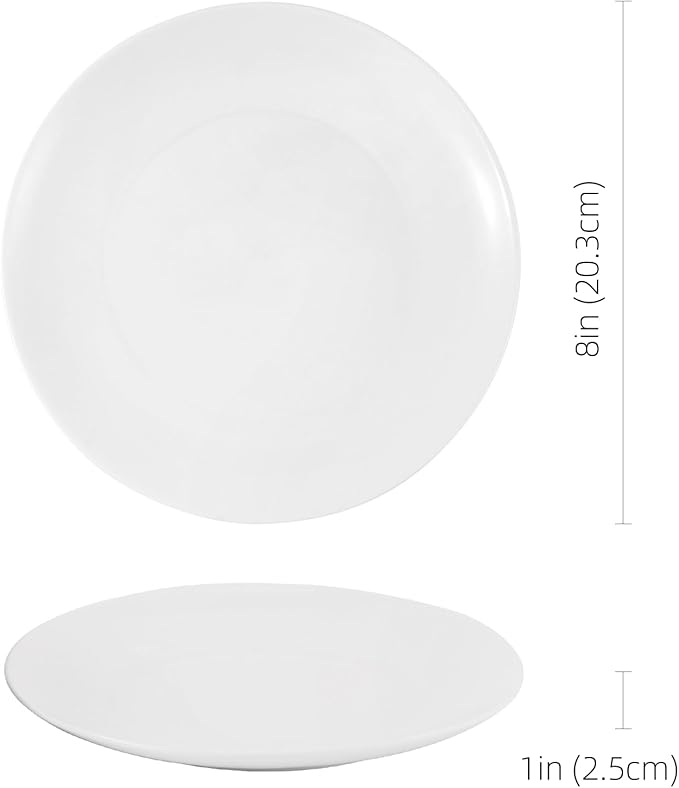8 Inch White Ceramic Plates Set of 6 – Porcelain Round Plates for Salad, Appetizer, Dessert, Snack, Bread, Side Dish, Small Dinner, Kitchen Tableware, Everyday Dishes, Microwave Safe
