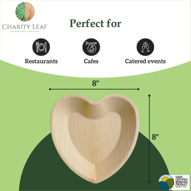 Charity Leaf Disposable Palm Leaf 8" Heart Plates (50 pieces) Bamboo Like Serving Platters, Disposable Boards, Eco-Friendly Dinnerware For Weddings, Catering, Events