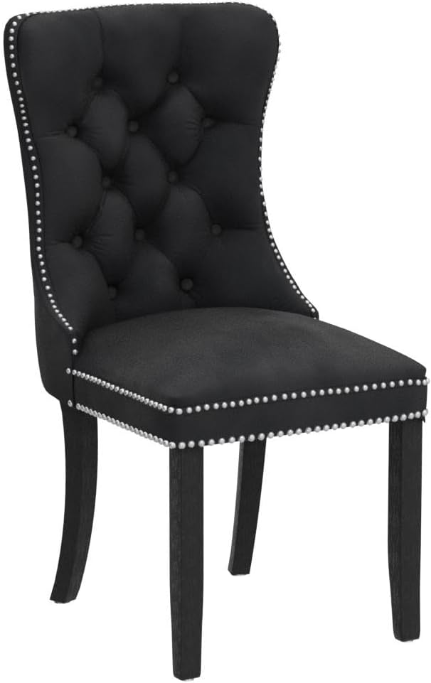 KCC Velvet Dining Chairs Set of 4, Upholstered High-end Tufted Dining Room Chair with Nailhead Back Ring Pull Trim Solid Wood Legs, Nikki Collection Modern Style for Kitchen, Black