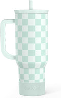 Checkered Tumbler with Handle 40oz, Mint Checker Cup Stainless Steel Insulated by SANDJEST