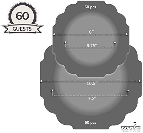 " OCCASIONS " 120 Plates Pack,(60 Guests) Heavyweight Premium Wedding Party Disposable Plastic Plates Set -60 x 10.5'' Dinner + 60 x 8'' Salad/Dessert (Imperial in White/Blue & Silver)