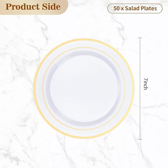 BESTVIP 50PCS 7 Inch Gold Plastic Plates, Disposable Dessert Plate with Gold Rim, Small Heavy Duty Disposable Plastic Plates for Party, Wedding and Birthday, Christmas, Thanksgiving