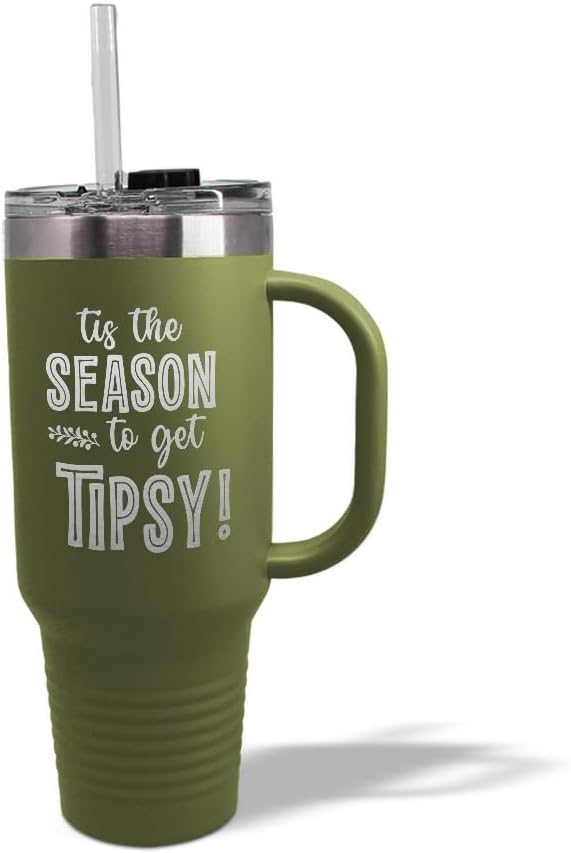 Tumbler Cups with Straw Tis The Season to Get Tipsy Christmas Xmas Coffee Tumbler with Lid Personalized Insulated Travel Mugs Engraved Stainless-Steel 40 Oz Forest Green Design Only
