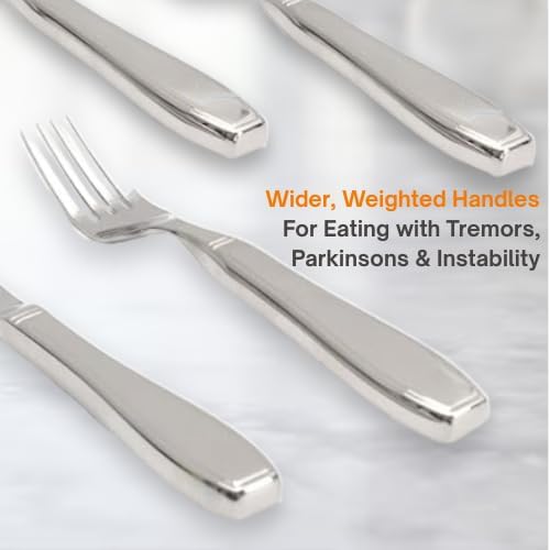 weighted utensils for hand tremors | weighted utensils for tremors and parkinsons patients | Set 4 Piece with Universal Cuff easy grip & cover | Elegant weighted silverware with Gift Box