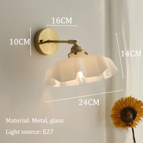 Vintage Milk Glass Wall Sconce Light, Mid Century Floral Design, Hardwired Gold Wall Lamp for Bedroom, Hallway, Living Room, Farmhouse Decor, Straight Arm Fixture