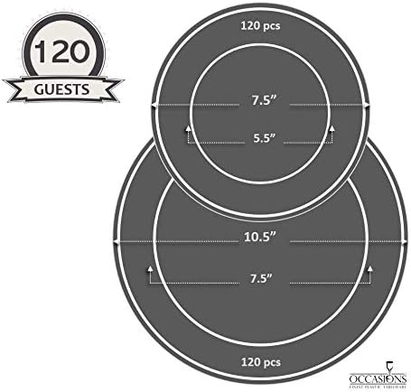 OCCASIONS 240 Plates Pack,(120 Guests) Heavyweight Premium Wedding Party Disposable Plastic Plates Set -120 x 10.5'' Dinner + 120 x 7.5'' Salad/Dessert (Diamond White & Silver)