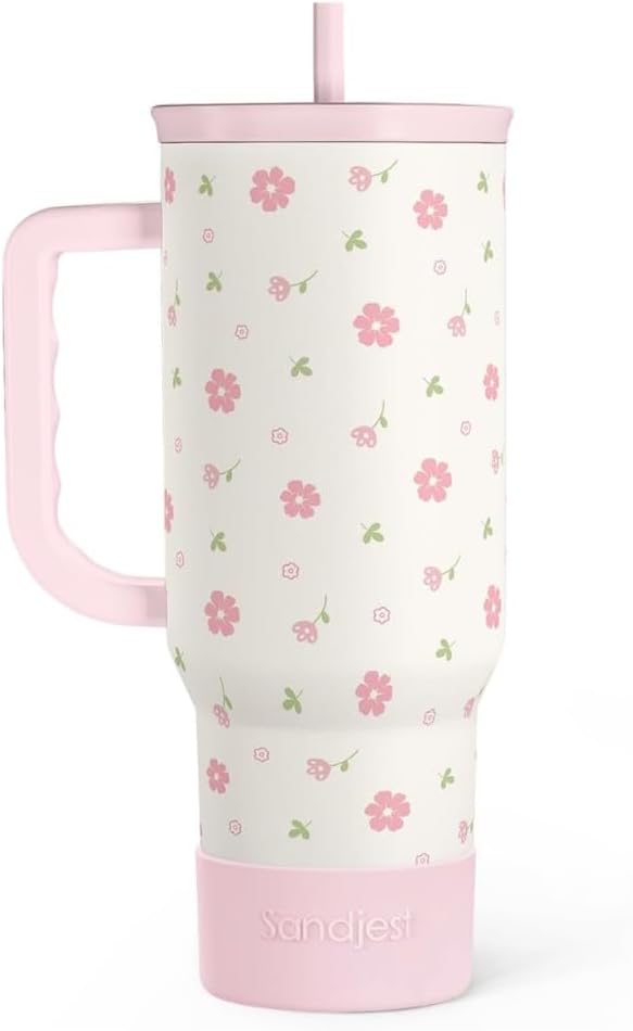 Floral 40oz Tumbler with Handle and Straw – Flowers Insulated Stainless Steel by SANDJEST