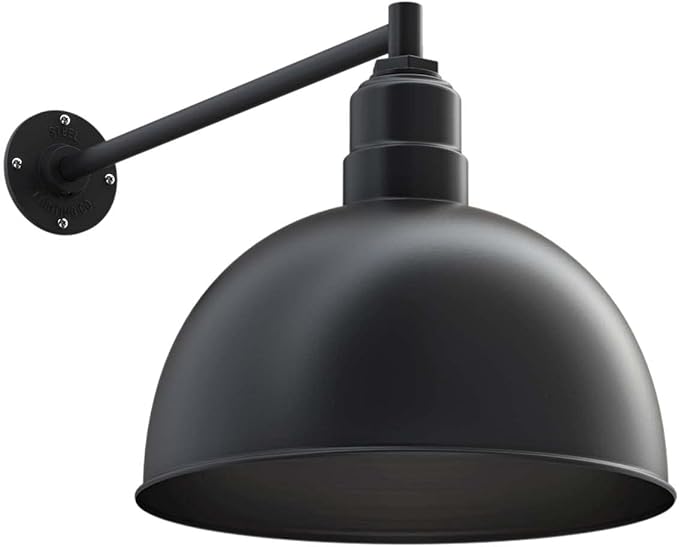 Steel Lighting Co. Hollywood Bowl Light | Outdoor Wall Mounted | 15 inch Bowl Dome | 20 inch Straight Arm | Barn Light Made in America | Matte Black Exterior/Matte Black Interior