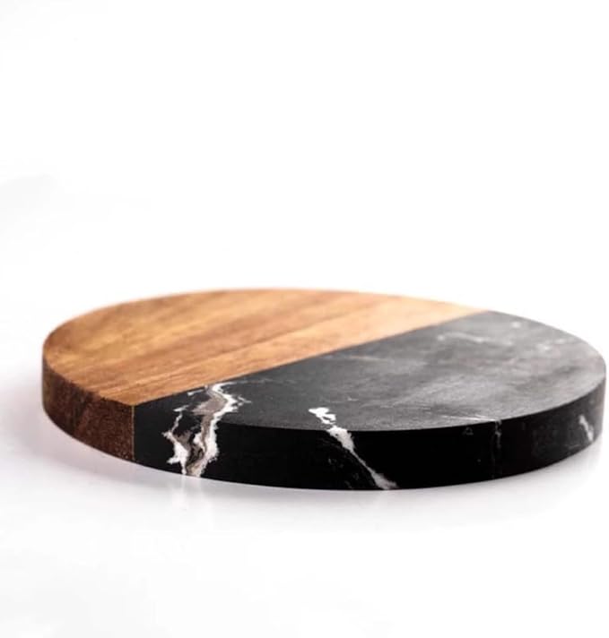 I-LAN Set of 4 Round 4x4 Inch Natural Wood & Marble Drink Coasters – for Coffee, Tea, Beer & Bar Glasses – Living Room, Dining, Bar Table Coasters