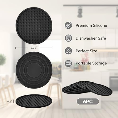 Coasters for Drinks, Silicone Coasters Set of 6 with ABS Holder, Outdoor Coaster for Coffee Table, Non-Slip Rubber Table Cup Mat Desk, Heat Resistant & Scratch-Proof (Black)