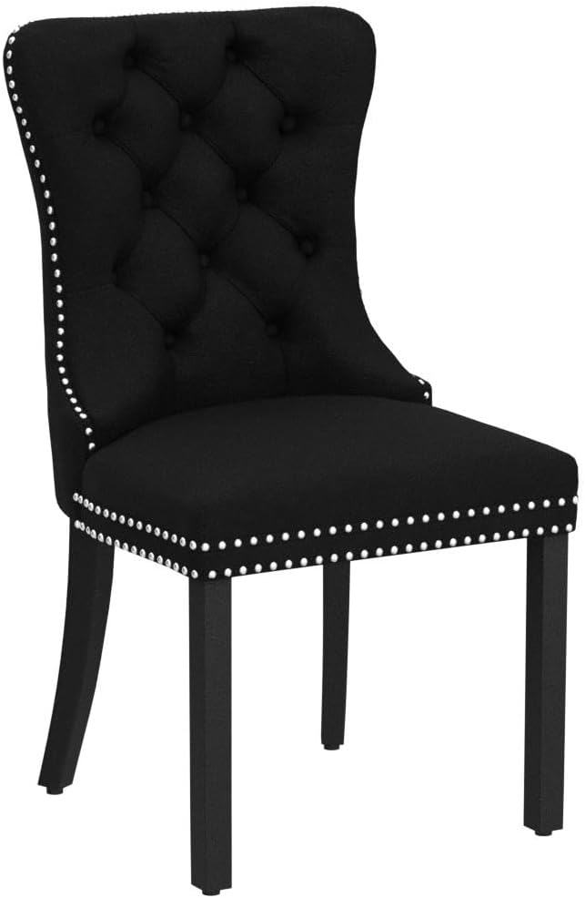 KCC Velvet Dining Chairs Set of 6, Upholstered High-end Tufted Dining Room Chair with Nailhead Back Ring Pull Trim Solid Wood Legs, Nikki Collection Modern Style for Kitchen, Black
