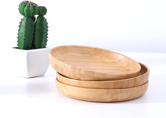 Bamboo Plates 7.5Inch Round Bamboo Plate Reusable Dinner Plate Tableware 4PCS Wooden Plates Lightweight Dishes Snack, Dessert, Unbreakable Classic Plate
