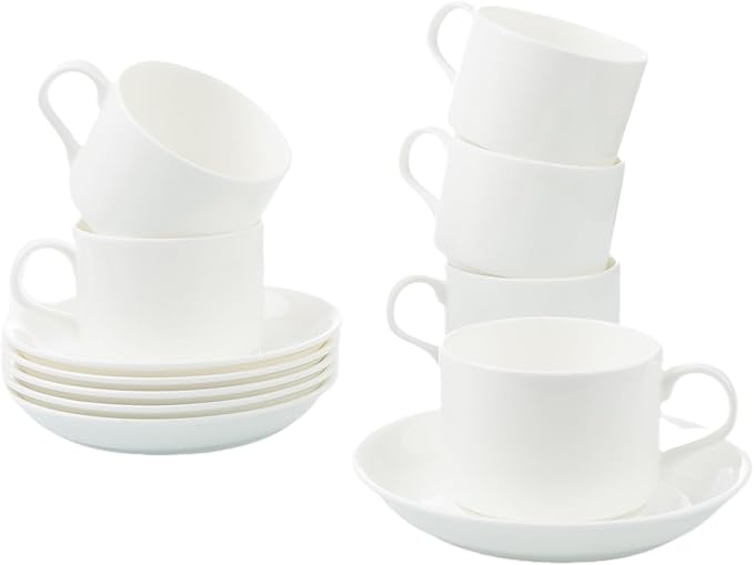 Fine Bone China Stackable Cup and Saucer Set of 6, Pure White Color Glaze Easy by Unknown