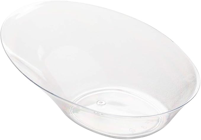 Restaurantware 4 x 2.9 x 1.3 Inch Mini Tasting Dishes 100 Disposable Mini Dessert Dishes - Oval Ellipse Design Clear Plastic Appetizer Dishes Serve Samples or Snacks For Parties or Weddings