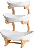jessie 3 Tier Fruit Basket,Ceramic Large Capacity Tiered Fruit Basket Stand,Bamboo Fruit Serving Tray Snacks Nuts Bread Candy Storage Holder (White porcelain)