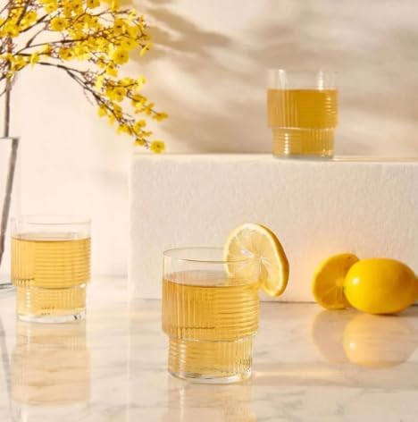 LAV Vintage Soft Drink Glass Set of 4 – 10.9 oz Ribbed Tumblers, Iced Tea, Iced Coffee, Water, Milk, Mocktails, Cold Brew, Durable, Lead-Free, Eco-Friendly Glassware, Home, Bar - Aesthetic, Elegant