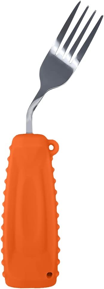 Adaptive Weighted Silverware Utensils Angled Fork for Hand Tremors Parkinsons,Weighted Utensils with Non-Slip Easy Grip Handles for Independent Eating(Left Hand,Orange,Pack of 1)