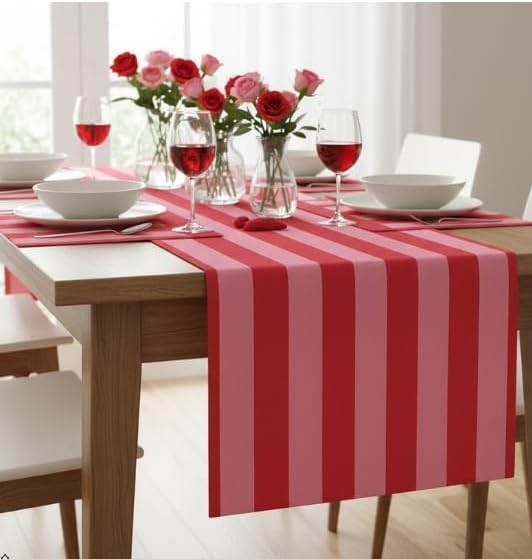 Folkulture Fall Table Runner 90 Inches Long | Pink & Red Vertical Striped | by FOLKULTURE