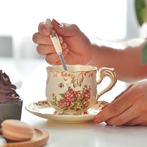 YOLIFE Tea Cups and Saucers Set of 6, 8 OZ Pink Rose Coffee Cups | Ivory - Image 7