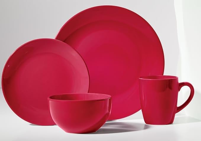 Montgomery Ward 16-Piece Round Dinnerware Set - Kitchen Essentials, Plates, Bowls, Mugs, Dishwasher and Microwave Safe, Red