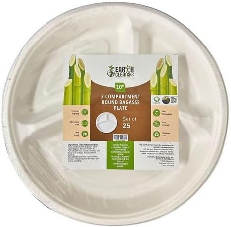 Bagasse 10-Inch 3-Compartment Round Plates, Pack of 25