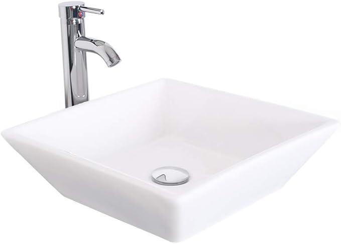eclife Bathroom Ceramic Sink Bowl Classic White Square Porcelain Vessel Sink and Faucet Combo for Bathroom Countertop Bowl Sink & Chrome Pop Up Drain (A07)