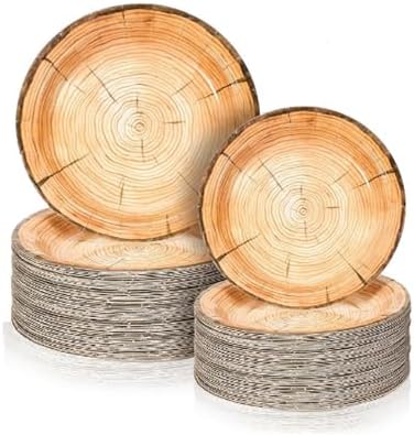 160 Pieces Wood Grain Paper Plates, 7" 9" Rustic Wood Slice Plate, Disposable Party Dinner Plates, Farmhouse Round Plate for Picnic Breakfast Birthday Party Camping Decoration