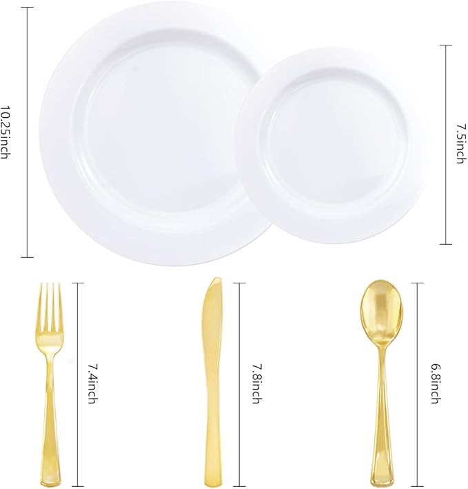 U-QE 150PCS White Plastic Plates with Gold Cutlery - Include 60 Dinner and Dessert Plates, 30 Forks, 30 Knives, 30 Spoons, Ideal for Wedding and Party