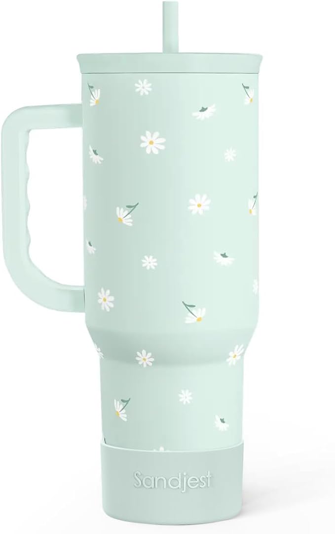 Daisy 40oz Tumbler with Handle and Straw – Flower Insulated Stainless Steel by SANDJEST