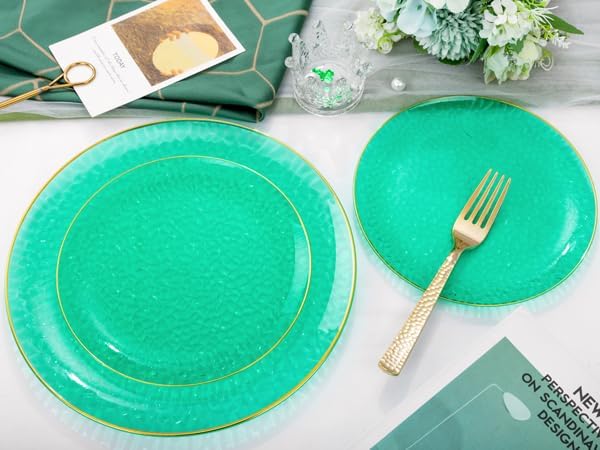Hioasis 60pcs Green Plastic Plates - Gold Rimmed Disposable, Hammered, Heavy-duty Dinnerware Set Suitable for 30 Guests, 10.25" Dinner & 7.5" Dessert Plates for Party & St. Patrick's Day