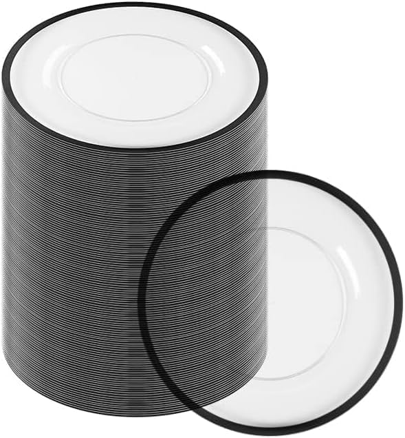 PARTY BARGAINS 13-Inch Charger Plates - 96 Pack, Clear Black Rim, Heavy-Duty Disposable Chargers for Elegant Dining - Ideal for Weddings and Formal Events