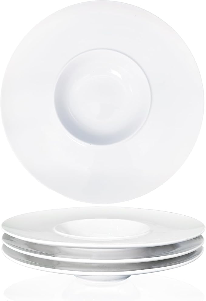 Ceramics Rimmed Soup Bowls 8.8 oz, White 11.6 inch Exquisite small soup plate Set of 4, Pasta plates With Rim is the best choice for hotels, kitchens, fine restaurants and gourmets
