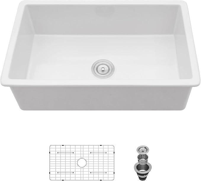Sarlai 30 Inch White Undermount Sink Fireclay 30x18 Inch White Kitchen Sink Dual Drop in & Undermount Kitchen Sinks Single Bowl Deep Porcelain Ceramic Basin