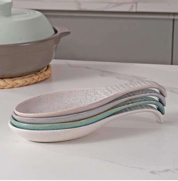 Ceramic Spoon Rest for Stove Top, 9 In, Large Spoon Holder for Kitchen Counter, Farmhouse Porcelain Utensil Rest for Thankgiving Christmas Gift, Dishwasher Safe, Heat-Resistant, Gray Pitting (1 PC)
