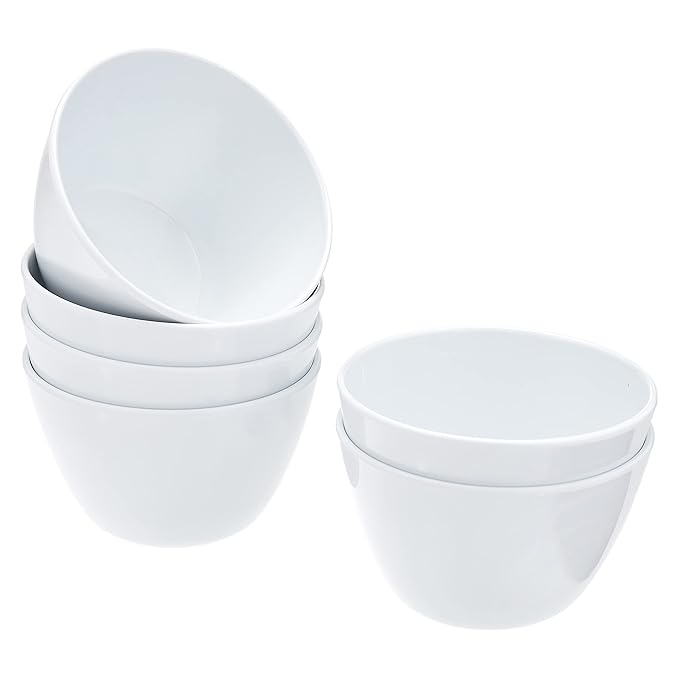 Amazon Basics Round Melamine Bowl, 8 oz, White, 6 Piece Set, Do not microwave
