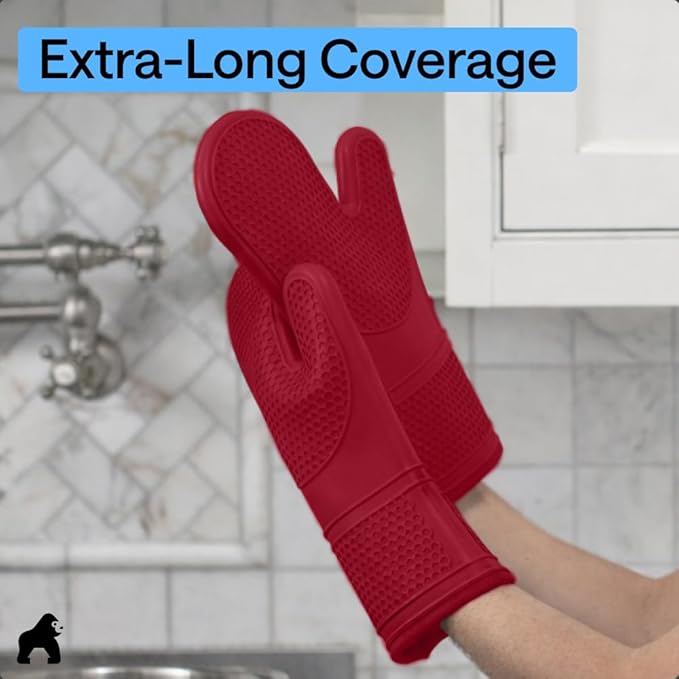 GORILLA GRIP BPA-Free Soft Silicone Oven Mitts, Heat Resistant and Waterproof Cooking Gloves, Thick Cotton Lining, Flexible Gripping Kitchen Potholders Set of 2, Christmas Kitchen Decor, 12.5x8.3, Red