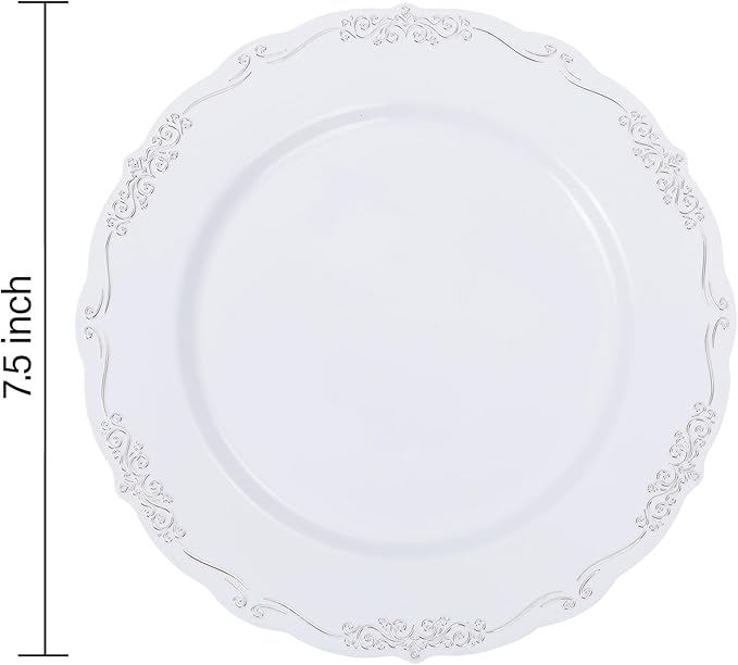DaYammi 60PCS White and Silver Plastic Plates, Heavy Duty White and Silver Disposable Plates Premium 7.5inch White Dessert Cake Salad Appetizer Platos Hard Plastic Platos Disposable for Party Wedding