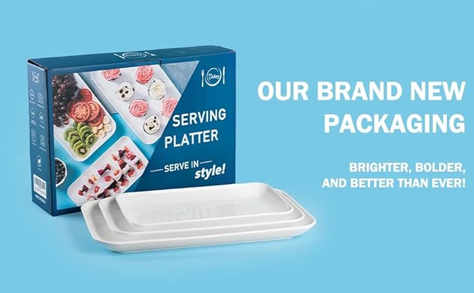 DELLING Large Serving Platter Set 16/14/12inch Large Serving Tray - Rectangular White Serving Trays for Party, Turkey Platter Set of 3, Dinner Parties