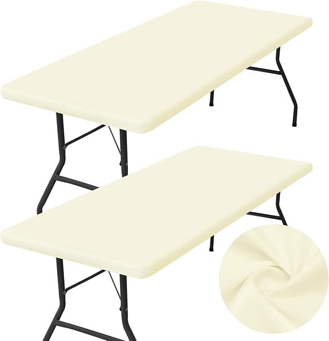 homing 2 Pack Rectangle Table Cloth, Elastic Fitted Fabric Tablecloth Fits for 5 Foot Folding Tables, Washable Table Cover for Picnic, Camping, Indoor & Outdoor (Cream Yellow, 30" x 60")