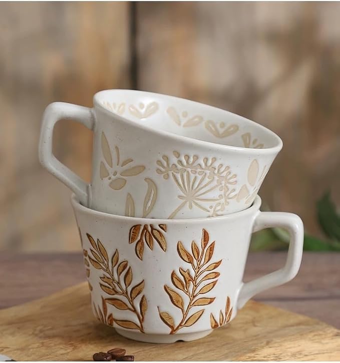 12 Ounce Ceramic Mug Set of 3 Embossed Leaf Ceramic Coffee Mugs, Vintage - Image 5