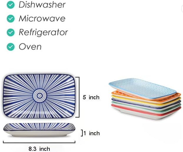 Selamica Ceramic 8 inch Rectangular Salad Plates, Dinner Plates, Pasta Dessert Plates for Appetizer, Sushi, Fruit - Microwave/oven/Dishwasher Safe, Set of 6, Assorted Colors
