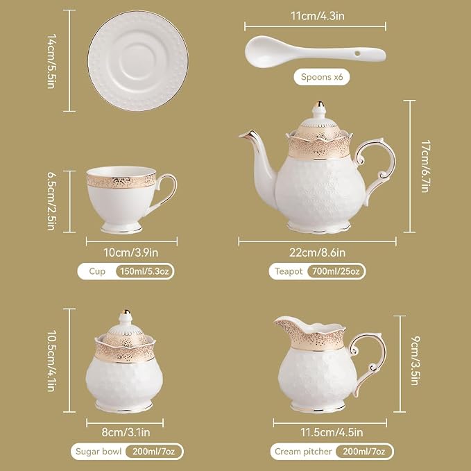 Sweejar 21 Pieces Porcelain Tea Set, Vintage Gold Trimmed Teapot Cup and Saucer - Image 3