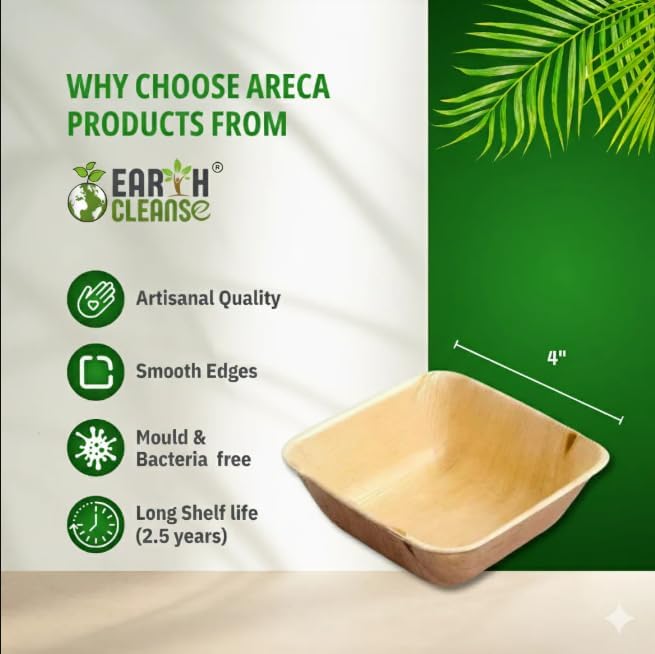 4" Areca Palm Leaf Square Bowls Compostable Biodegradable Eco-Friendly Bowls Natural Disposable Bowls, Perfect for Picnic Catering, Dessert, and Wedding (Pack of 50)