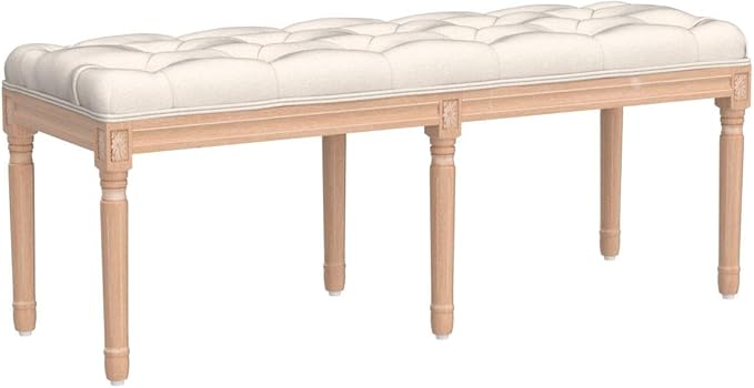 Bonzy Home 47” Bedroom Bench,French Vintage Tufted Entryway Benches Upholstered Dining Benches with Cushion,Linen Fabric End of Bed Bench for Bedroom Living Room Entryway,Beige