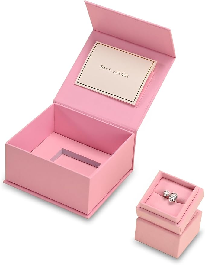 Oirlv Ring Gift Box with Lid Magnetic Boxes for Wedding Proposal Gift Birthday Present with Card(Pink)